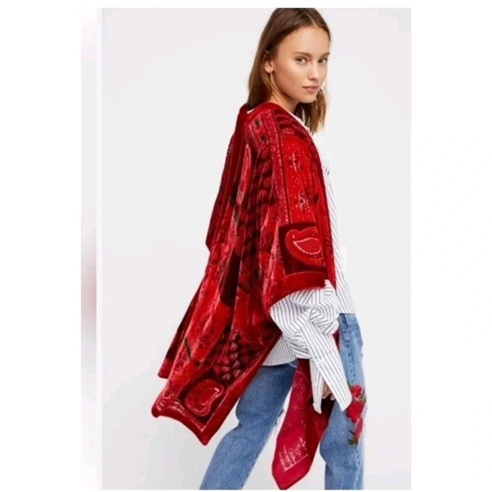 Free People Dark Paradise Kimono One Size Red Velvet Embroidered Whimsigoth Wrap